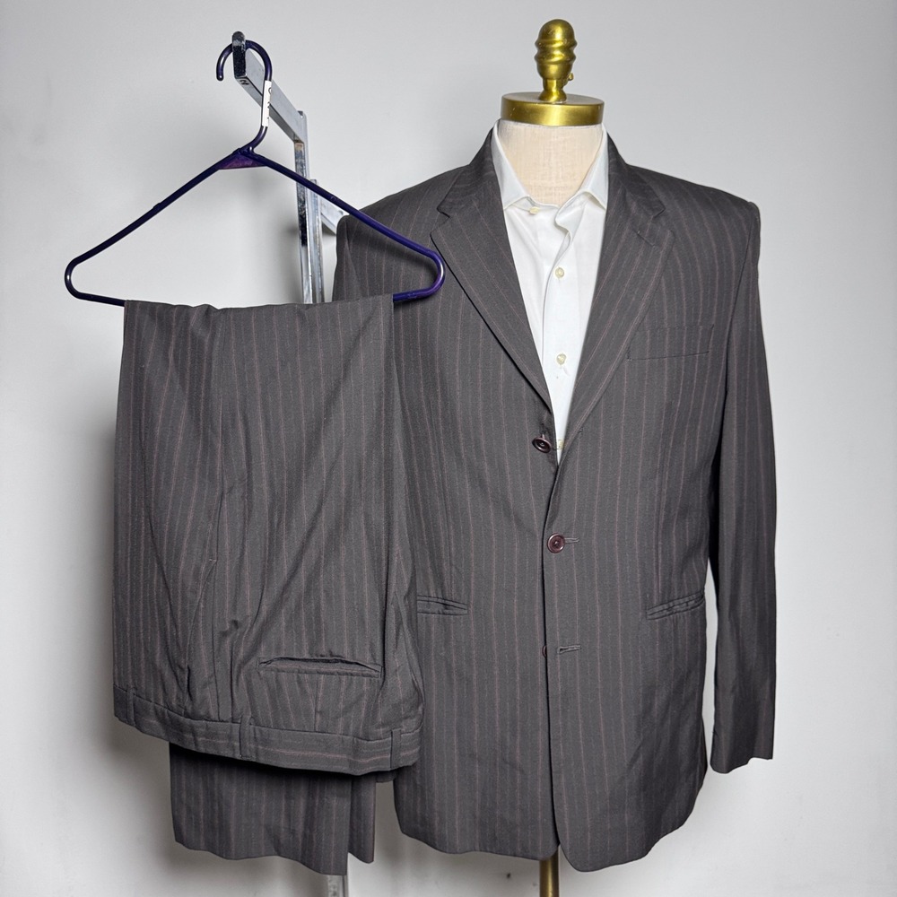 Vintage Perry Ellis Suit Mens 40R 33W Brown Pinstripe 2-Button Flat Front Modern